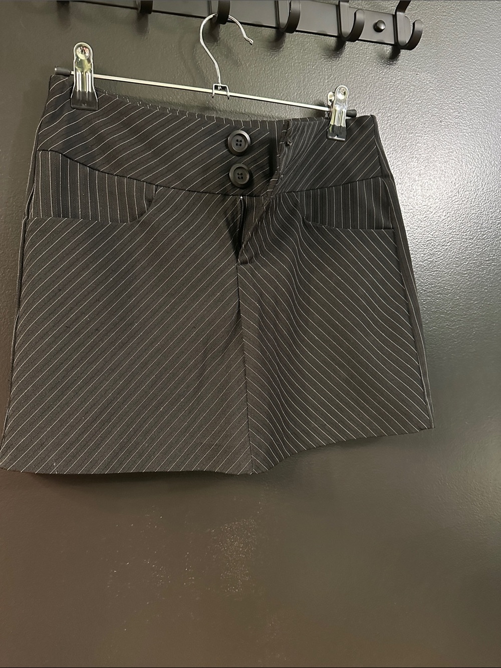 Black Pinstripe Mini Skirt with Button Front